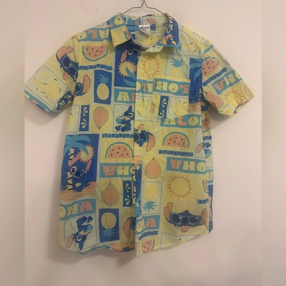 Disney Stitch Hawaiian Button-Down Kids Shirt - Yellow & Blue